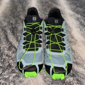 Salomon Gray and Black Running Shoes with Neon Green Laces
